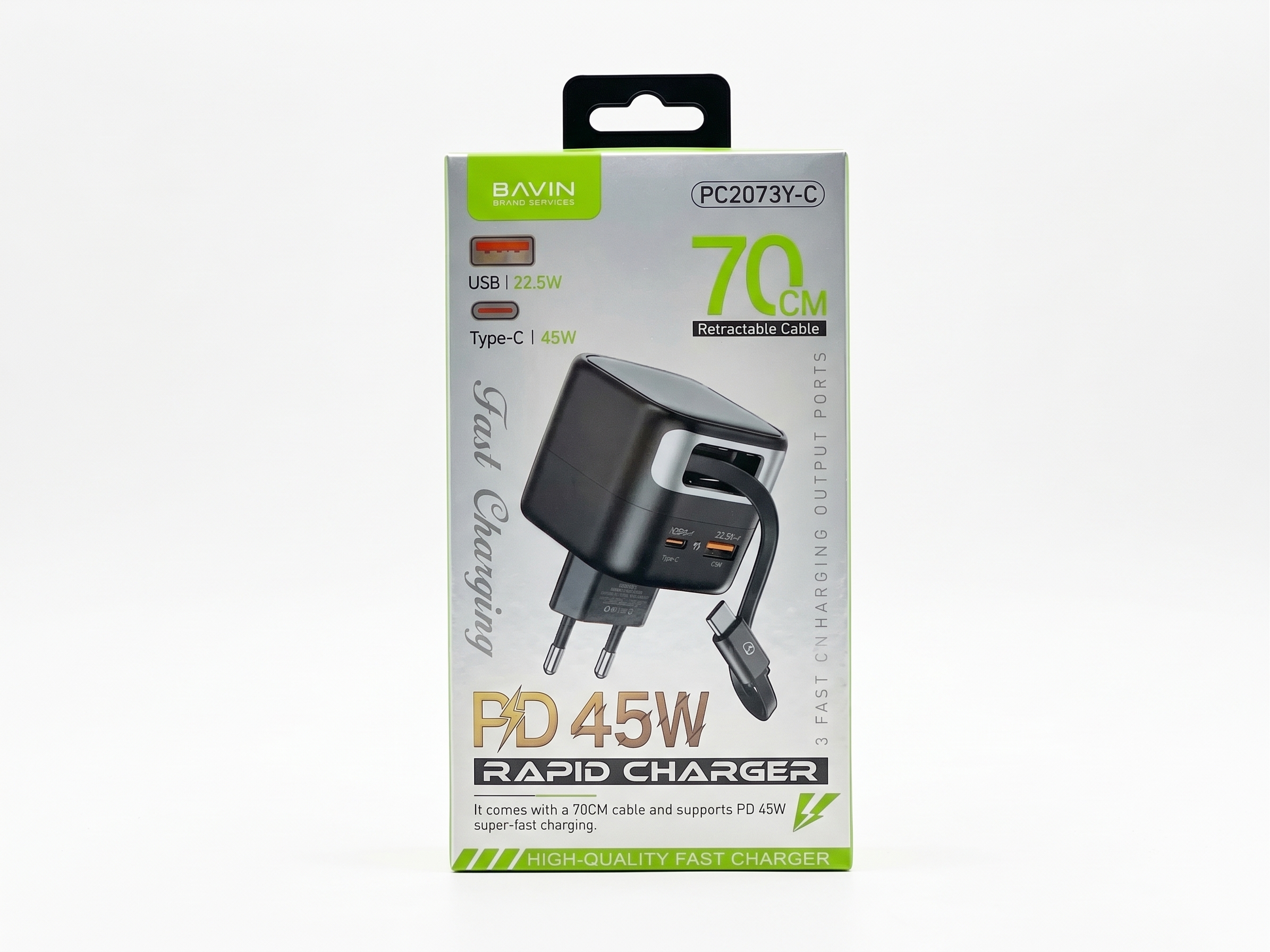 BAVIN PC2073Y-C PD 45W Rapid Charger with Retractable Type-C Cable